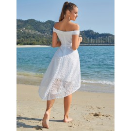 Off-shoulder High-low Dress, Elegant Sweetheart Neck Natural Waist Lace Dress, Women's Clothing