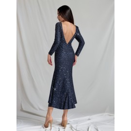 1pc Elegant Sequined Backless Maxi Dress for Women, Polyester Knit Fabric, Square Neckline, Solid Color, Versatile for All Seasons, Mother'S Wedding Party Gown