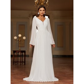 Solid V-neck Pleated Sweep Train Dress, Elegant Flare Sleeve Trumpet Dress For Wedding Party, Women's Clothing