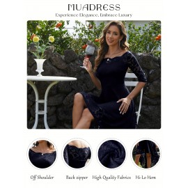 3/4 Sleeves Lace High-Low Off Shoulder Bridesmaid Dress, Cocktail Party Dress for Church Wedding Guest Formal Party