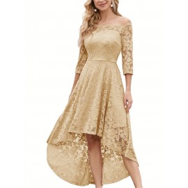 3/4 Sleeves Lace High-Low Off Shoulder Bridesmaid Dress, Cocktail Party Dress for Church Wedding Guest Formal Party