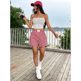 Plaid Elastic Waist Shorts, Casual Shorts For Spring & Summer, Women's Clothing