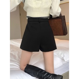Elegant High-Waist Fleece Shorts for Women - Slimming A-Line Fit, Perfect for Fall & Winter with Pockets