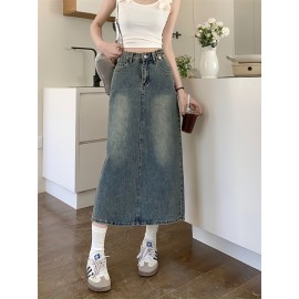 Vintage-Inspired High-Waist Split A-Line Denim Midi Skirt - Slimming, Casual Style with Button Detail, Machine Washable