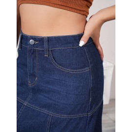 Dark Washed Women's Casual Midi Denim Skirt, Blue Jeans Style, Classic Fit