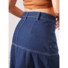 Dark Washed Women's Casual Midi Denim Skirt, Blue Jeans Style, Classic Fit