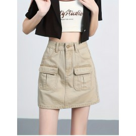 Plain Flap Pocket Cargo Denim Skirt, High Rise Versatile Hot Mini Denim Skirt, Women's Denim Jeans & Clothing