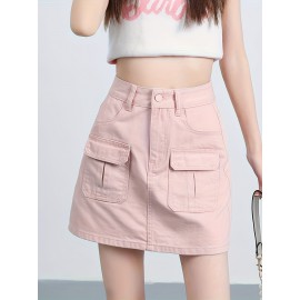 Plain Flap Pocket Cargo Denim Skirt, High Rise Versatile Hot Mini Denim Skirt, Women's Denim Jeans & Clothing