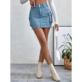 Plain Flap Pockets Cargo Denim Mini Skirt, High Stretch Double Button Washed Denim Skirt, Women's Denim Clothing