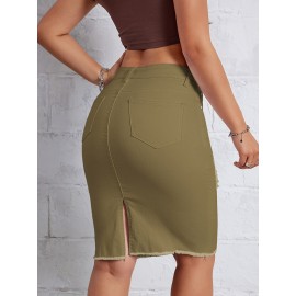 Hot Ripped High Waisted Bodycon Midi Denim Skirt, Women's Denim Jeans & Clothing