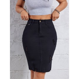 Hot Ripped High Waisted Bodycon Midi Denim Skirt, Women's Denim Jeans & Clothing