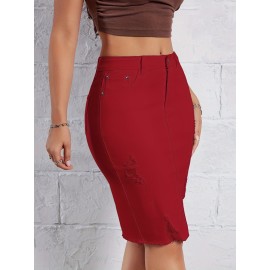 Hot Ripped High Waisted Bodycon Midi Denim Skirt, Women's Denim Jeans & Clothing