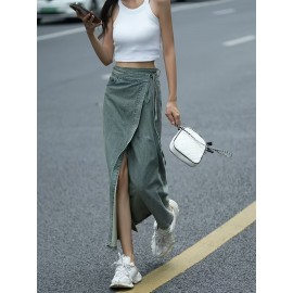 Women'S Elegant Denim Wrap Skirt - High Waist Lace-Up Slit Midi Skirt, Cotton Blend, Geometric Pattern, Woven Fabric, Non-Stretch for Spring/Summer/Fall