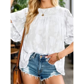 Womens 3/4 Bell Sleeve Blouse Summer Crewneck Lace Tops Floral Shirts