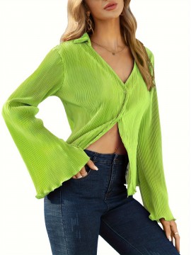 Textured Button Front Collared Blouse, Elegant Bell Sleeve Lettuce Trim Blouse, Women's Clothing