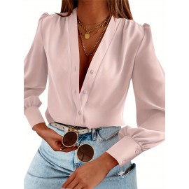 Women's Business Casual Tops Summer Long Sleeve Silk Button Down Shirts V Neck Chiffon Blouses