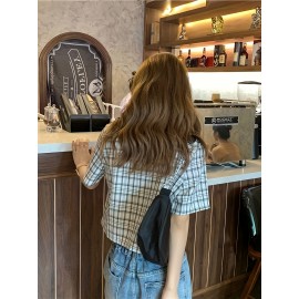Plaid Print Double Breasted Crop Blouse, Casual Short Sleeve Lapel Blouse For Spring & Summer, Women's Clothing
