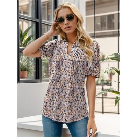 Floral Print Notched Neck Blouse, Casual Pleated Puff Sleeve Blouse For Spring & Summer, Women's Clothing