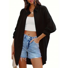 Solid Color Lapel Neck Blouse, Casual Button Front Long Sleeve Fit Blouse For Spring & Fall, Women's Clothing